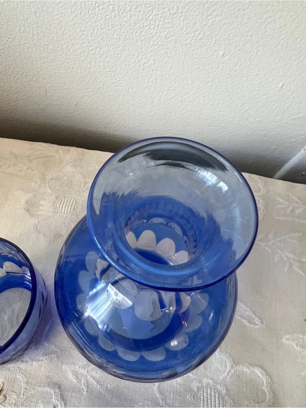 Vintage Bohemian Glass Cobalt Blue Cut To Clear 2pc Guest Water Set Tumblr Up